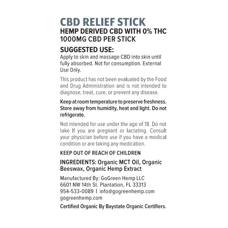 CBD Relief Stick - GoGreen Hemp - USDA Organic - Ingredient List