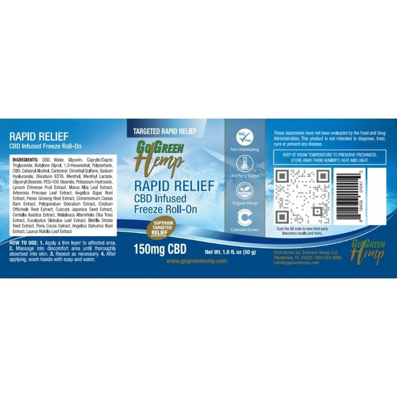 CBD Freeze Roll-On 150mg ingredients label with botanical extracts