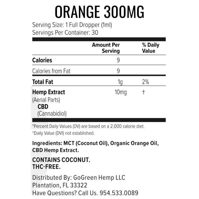 Orange CBD Oil 300mg supplement facts label 10mg per dropper