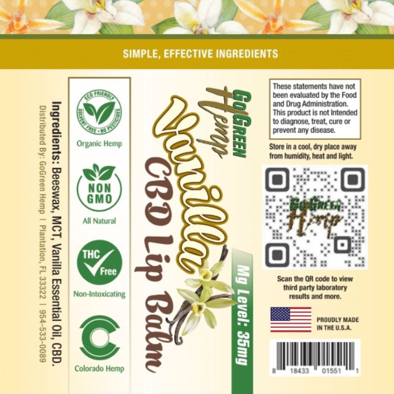 CBD Lip Balm Vanilla 35mg ingredients label organic vanilla oil