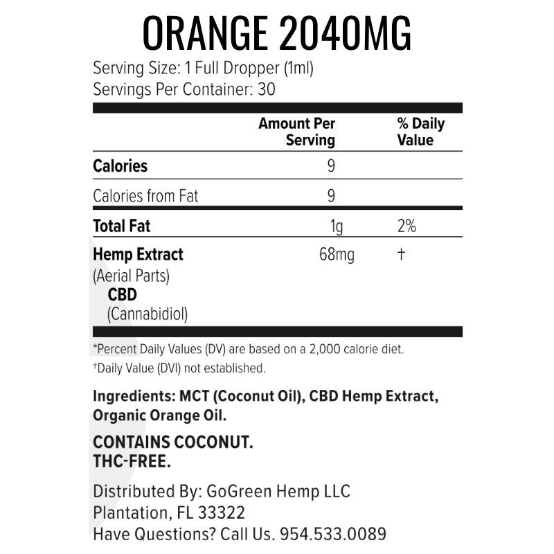 Orange CBD Oil 2040mg supplement facts label 68mg per dropper