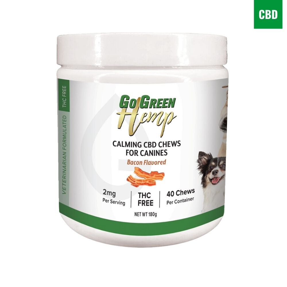 CBD Dog Treats bottle by GoGreen Hemp vet formulated calming chews bacon flavor