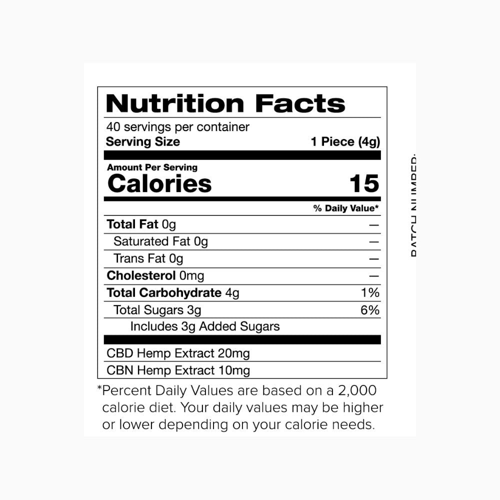 CBN CBD Sleep Gummies ingredients label showing natural coloring and flavoring