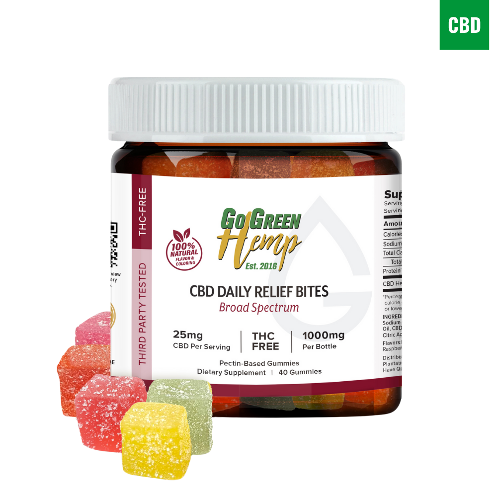 CBD Daily Relief Gummies 1000mg bottle by GoGreen Hemp 25mg per gummy