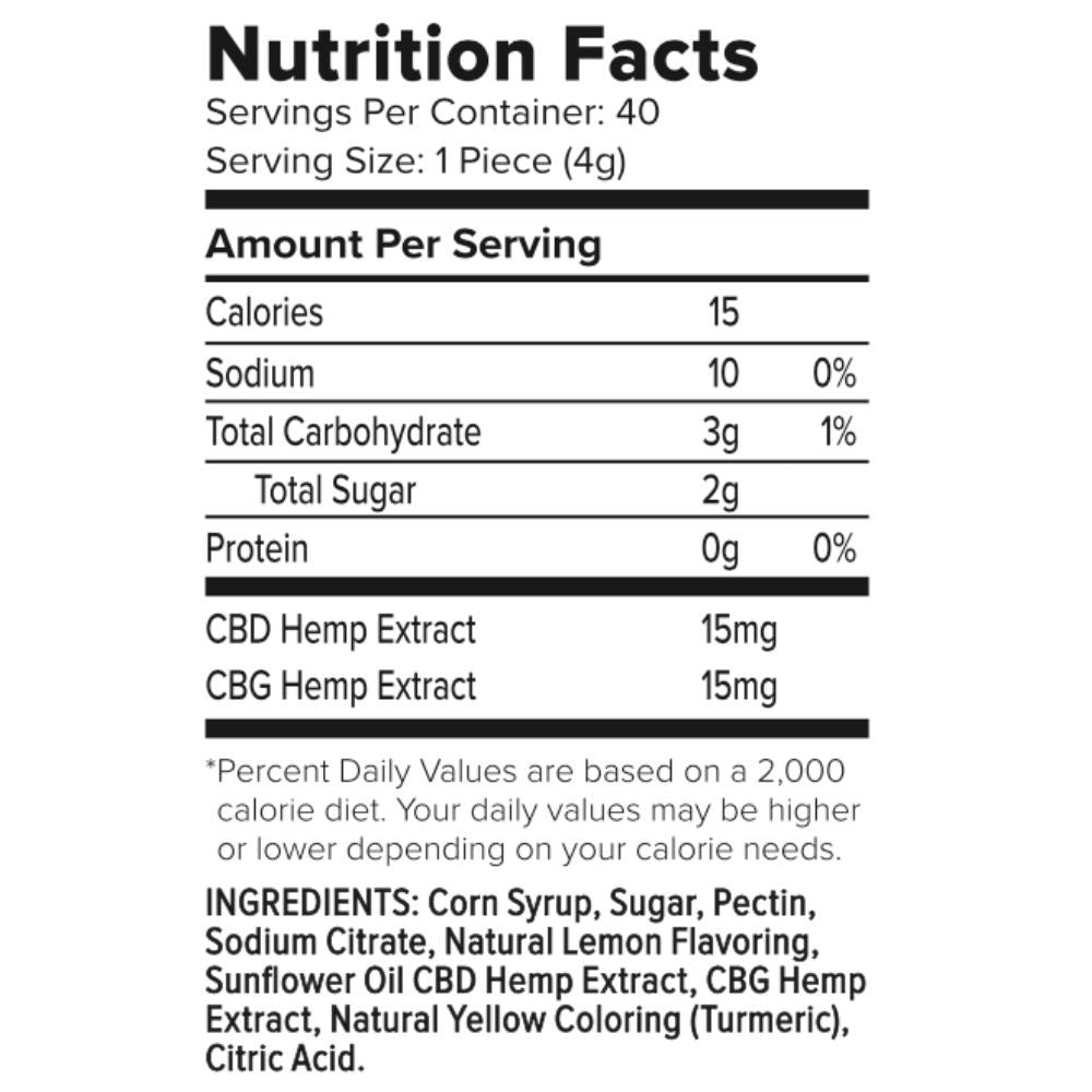 CBG CBD Daytime Gummies nutrition facts 15mg CBG 15mg CBD per serving