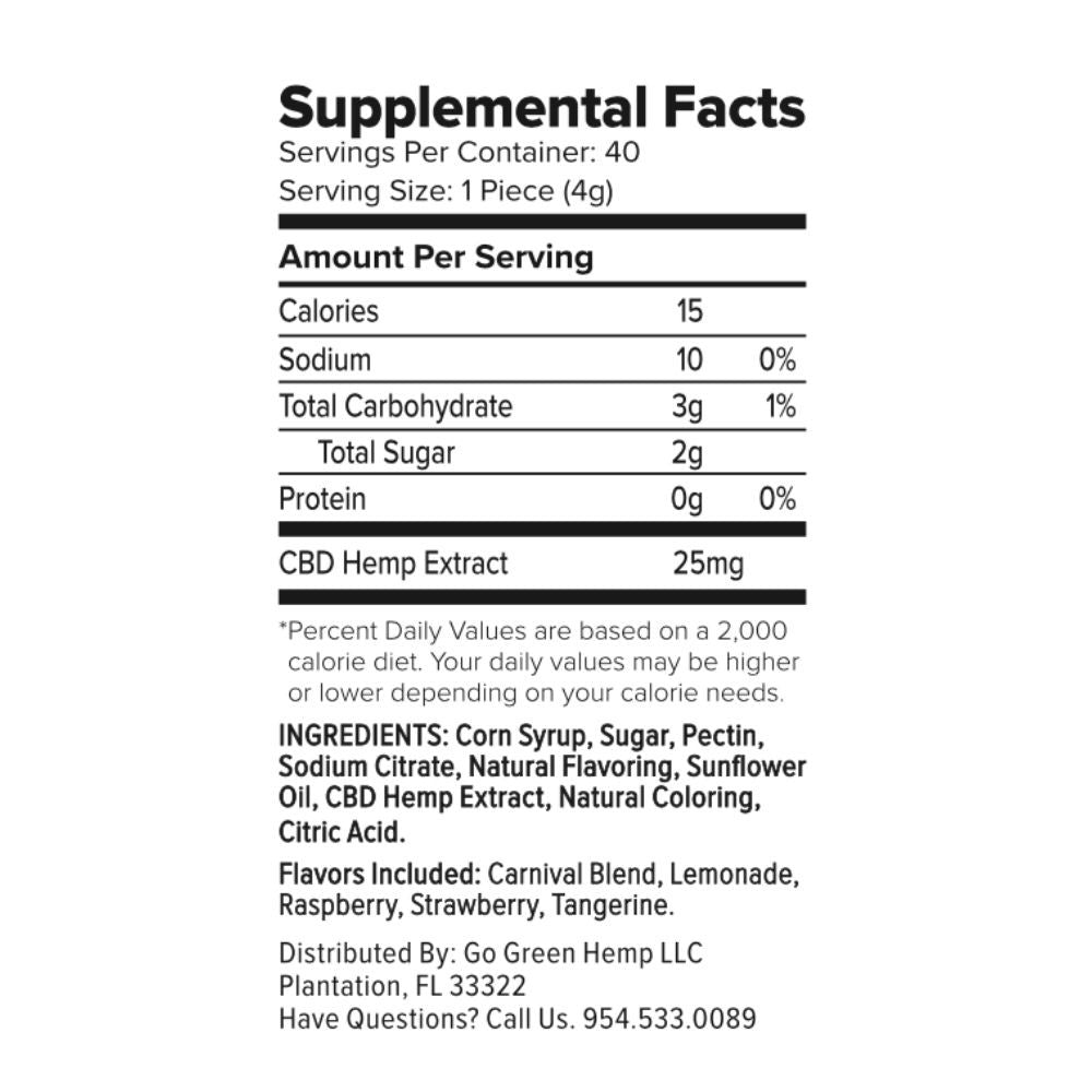 CBD Daily Relief Gummies nutrition facts 25mg CBD per serving