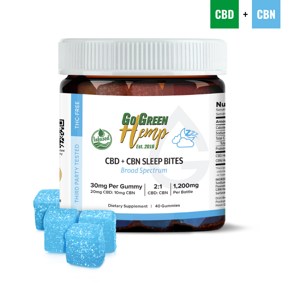 CBN CBD Sleep Gummies 1200mg bottle by GoGreen Hemp with natural blue raspberry flavor