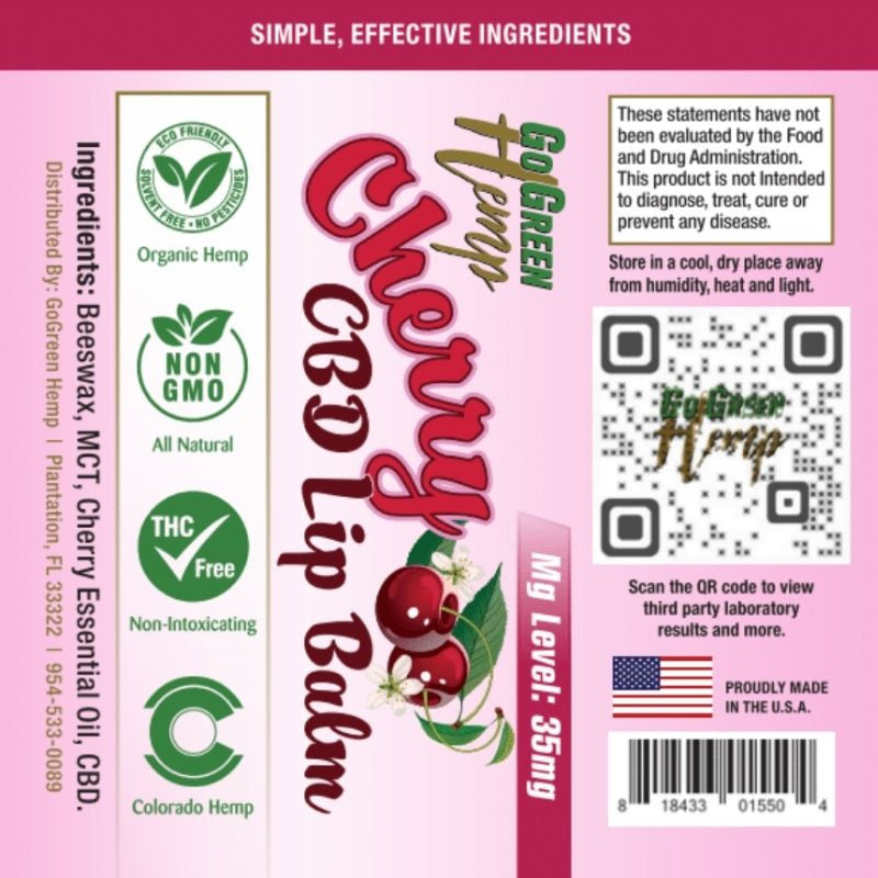 CBD Lip Balm Cherry 35mg ingredients label beeswax MCT oil